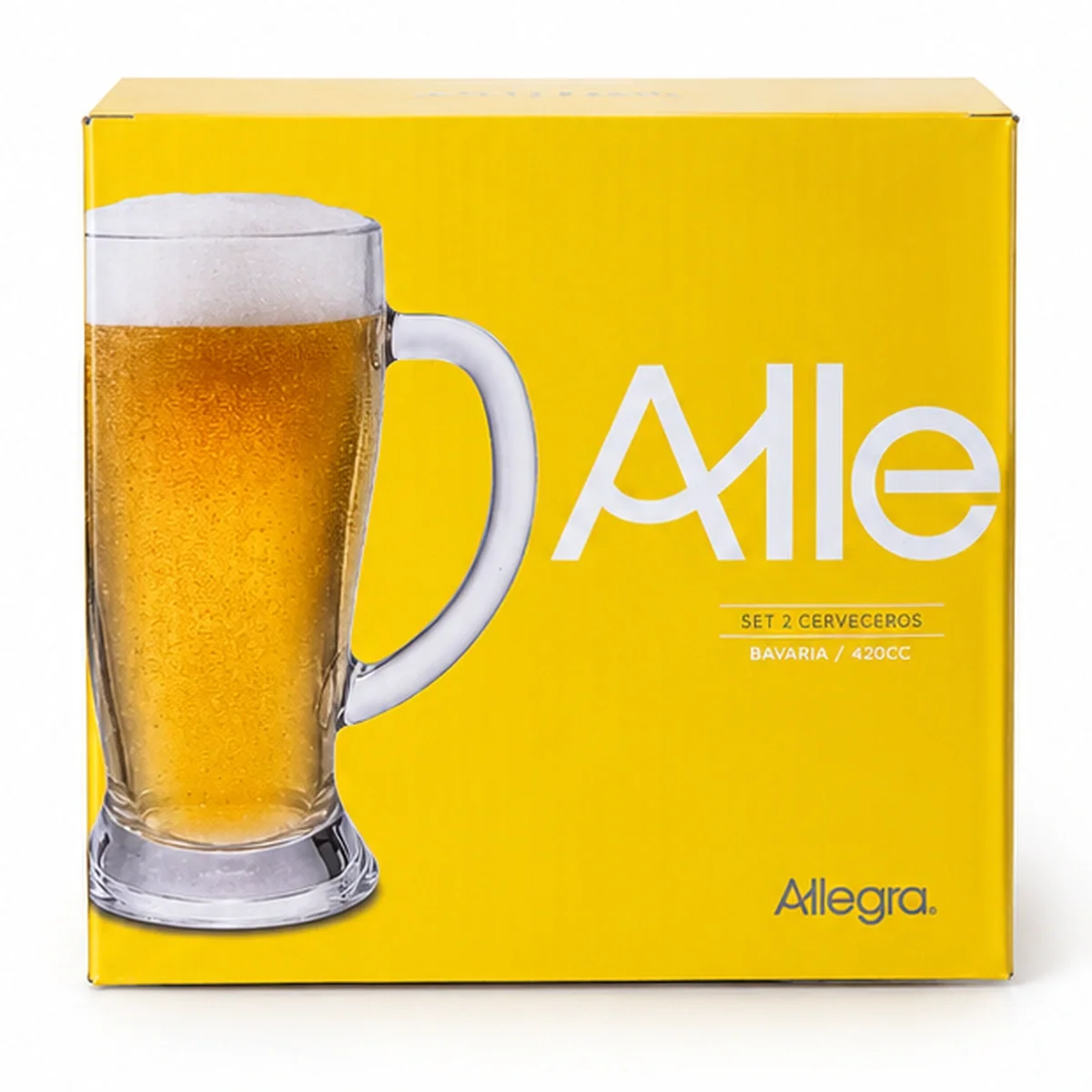 Caja del set Allegra Bavaria con 2 jarras cerveceras transparentes de 420 cc con asa.