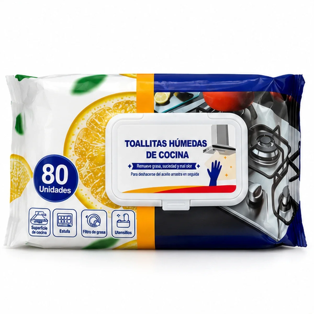 Paquete de 80 toallitas húmedas desengrasantes para cocina con tapa blanca resellable, sobre fondo blanco.