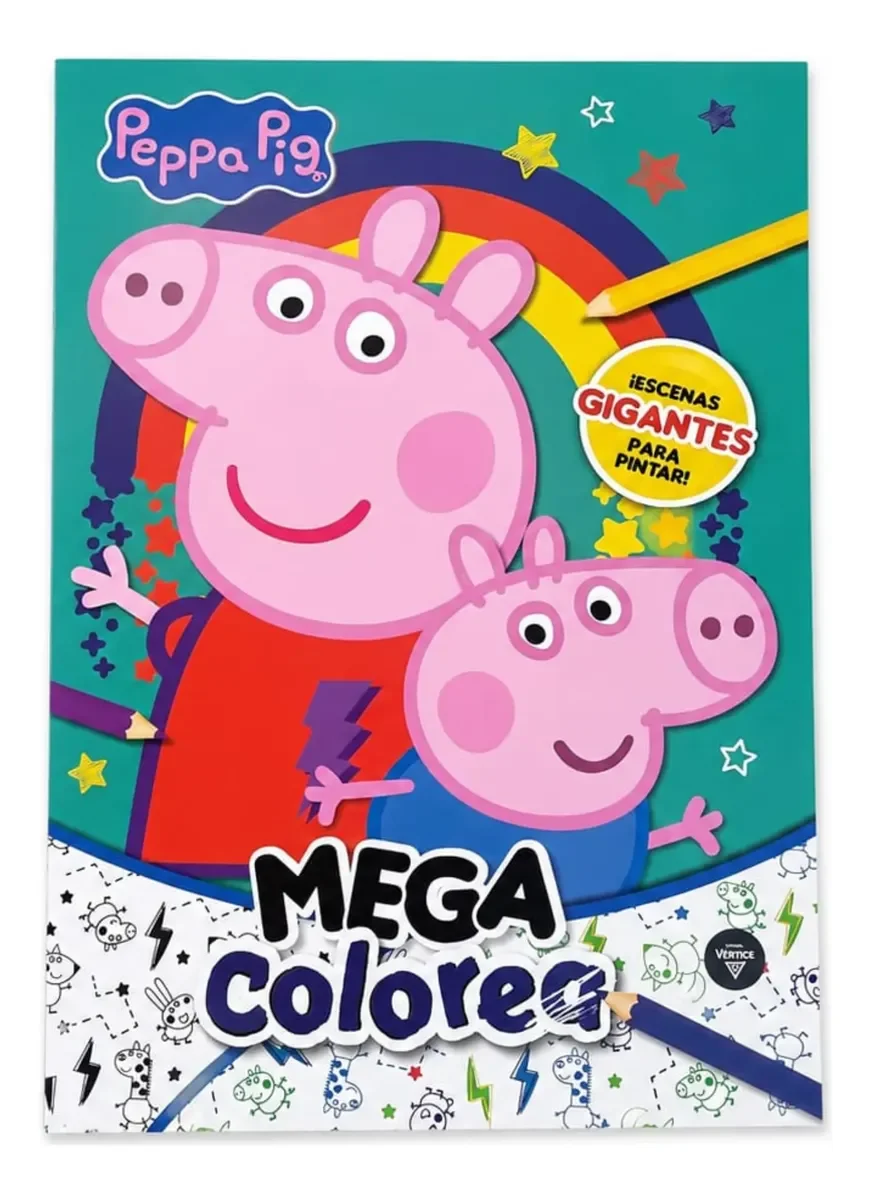 Portada del libro Mega Colorea Peppa Pig con Peppa y George, escenas gigantes para colorear, editorial Vértice.