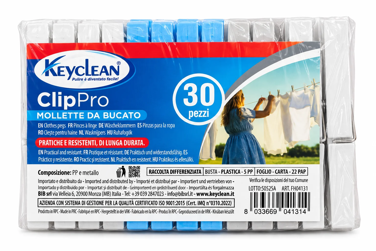 Pack de 30 perros de ropa Keyclean ClipPro en colores azul, gris y blanco.
