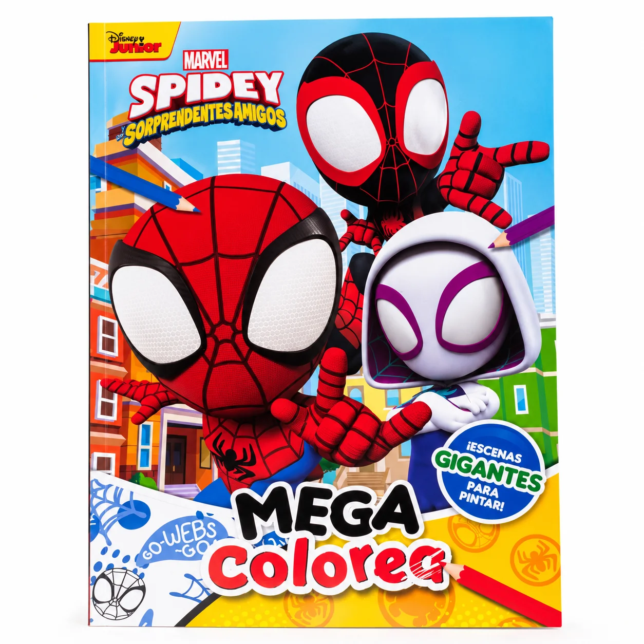Portada del libro infantil Mega Colorea de Spidey y sus Sorprendentes Amigos de Marvel y Disney Junior.