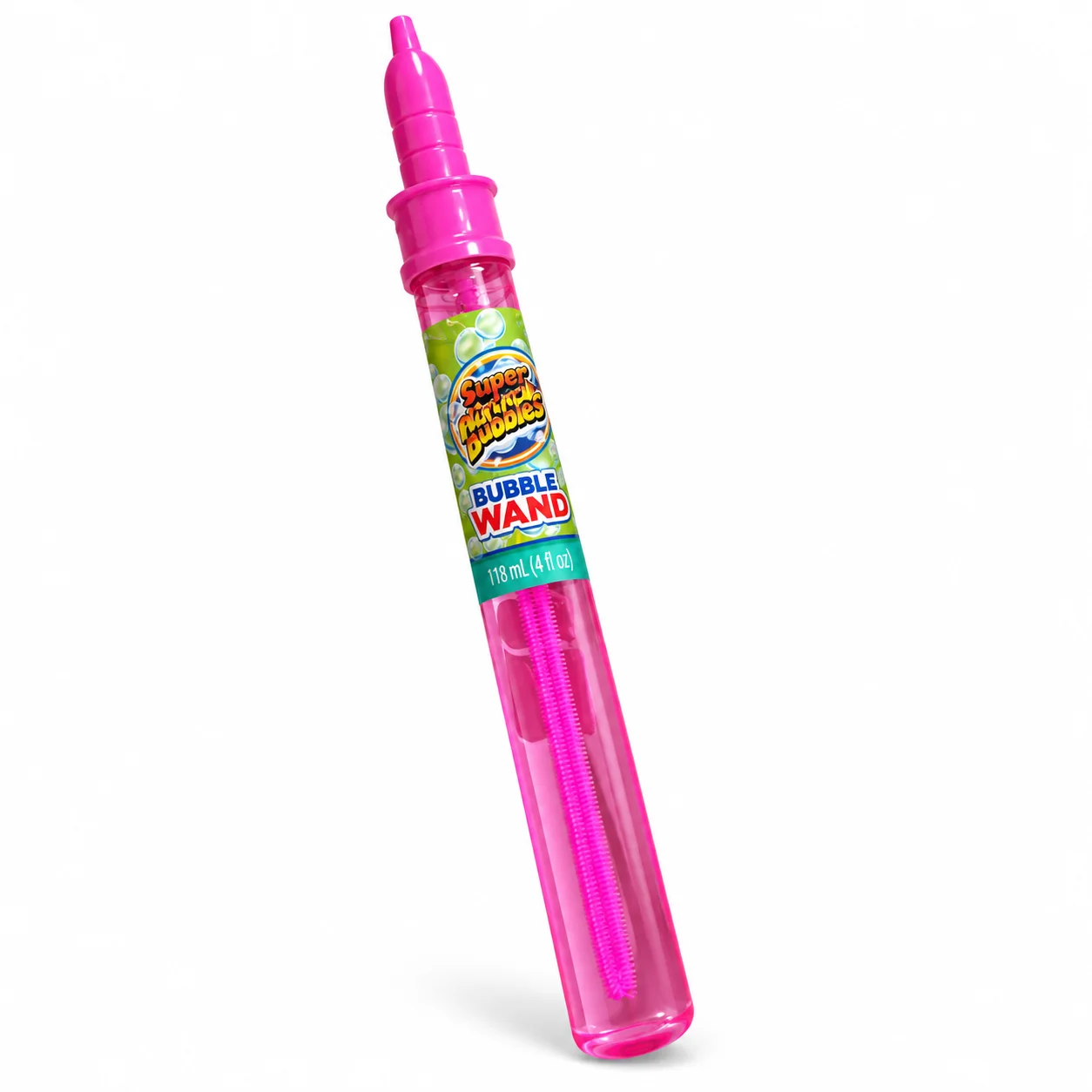 Varita para hacer burbujas de jabón rosada Super Miracle Bubbles de 118 ml con líquido y aplicador integrado.